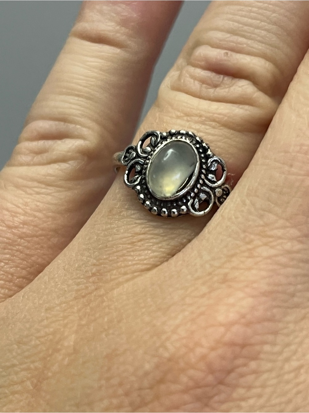 Natural Prehnite 925 Sterling Silver Ring Size 7.5 Handmade Artisan Filigree
